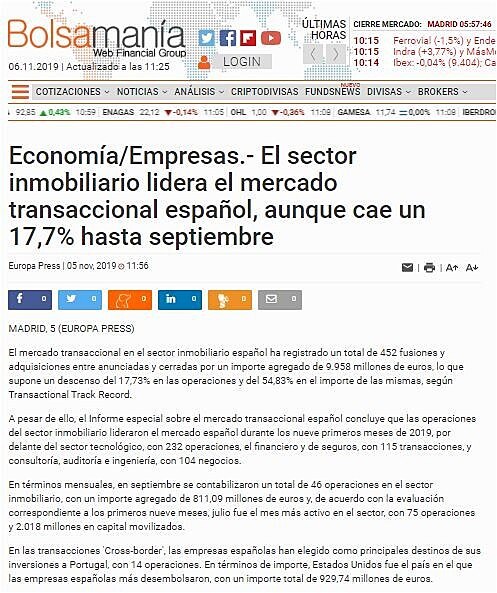 El sector inmobiliario lidera el mercado transaccional espaol, aunque cae un 17,7% hasta septiembre